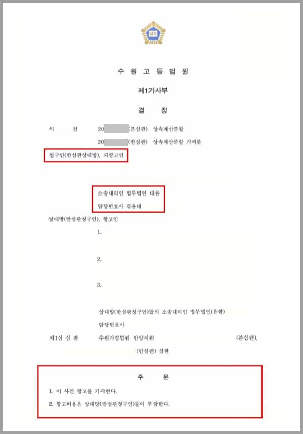 의뢰인은 학창시절 부모님의 이혼으로 모친과 함께 생활해 왔습니다. 부친은 새로운 가정을 꾸렸고, 이후 아버지가 사망하자 아버지의 새로운 가족들은 의뢰인을 제외한 채 상속재산분할을 하였습니다.이에 의뢰인은 상대방들에게 아버지의 상속재산분할을 청구하였고 1심에서 승소를 하였으나, 상대방측에서는 이를 받아들이지 못하여 항고를 하였는데요. 이후 의뢰인은 이러한 항고를 방어하기 위하여 법무법인 대륜을 찾아주셨습니다.