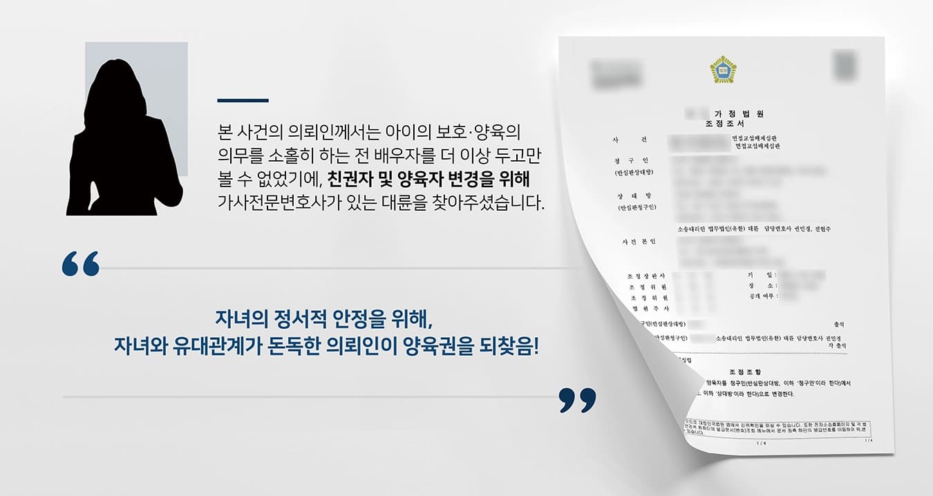 본 사건의 의뢰인은 이혼 후 비양육자가 되어 매달 양육비를 성실하게 지급하였습니다. 그러나 전 배우자는 애인이 생긴 이후부터 아이의 보호·양육의 의무를 소홀히 하였습니다.면접교섭 당시 아이의 홀쭉해진 모습에 놀란 의뢰인은 전 배우자에게 자신이 아이를 키우겠다는 의사를 전달하였고, 전 배우자 또한 이를 동의하였습니다. 하지만 의뢰인이 소정의 양육비를 요청하자, 전 배우자는 갑자기 입장을 바꾸어 의뢰인을 상대로 면접교섭배제청구를 하기에 이릅니다.이에 의뢰인은 상대방과 합의한 대로 아이의 친권자 및 양육자로 본인이 지정되기를 희망하여 가사·이혼전문변호사가 있는 법무법인 대륜을 찾아주셨습니다.