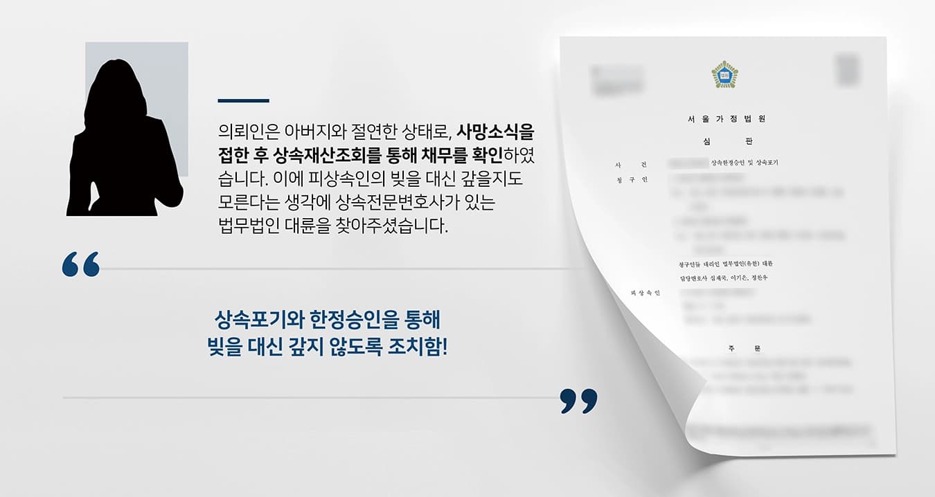 의뢰인의 아버지는 외도로 집을 나간 후 의뢰인과는 완전히 연락이 끊겼고, 간간히 고모를 통해 소식을 듣고 있었습니다. 그러던 중 고모로부터 아버지가 돌아가셨다는 소식을 듣게 되었고, 빚이 있을 것이라는 말도 듣게 됩니다. 아버지의 재산에 대해 정확히 알 수 없었던 의뢰인은 사망한 망인의 상속 재산을 조회할 수 있는 안심상속원스톱서비스를 통해 채무를 확인하였습니다. 절연한 아버지의 빚을 대신 갚을지도 모른다는 생각에 억울한 마음이 들었던 의뢰인은 상속전문변호사가 있는 법무법인 대륜을 찾아주셨습니다.