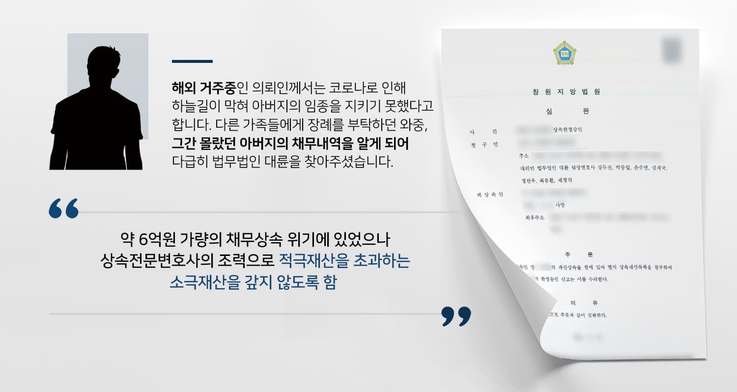 본 사건의 의뢰인께서는 해외 거주 중 코로나19로 인하여 아버지의 임종을 지키기 못했다고 합니다.안타까웠지만 정책상 어쩔 수 없었기에 국내에 있는 가족들에게 아버지의 장례를 부탁드렸다고 합니다. 그런데 남은 가족들이 아버지의 재산을 정리하려는 과정에서 6억원가량의 채무가 있다는것을 알게되었는데요.의뢰인은 돌아가신 아버지의 1순위 상속인이기에 수억원대의 채무상속이 불가피한 상황이었습니다.해외 거주중이라 활동이 제한된 상태에서 채무상속을 막기 위해서 국내 거주중인 다른 가족을 통해 상속전문변호사가 있는 법무법인 대륜을 찾아주셨다고 합니다.