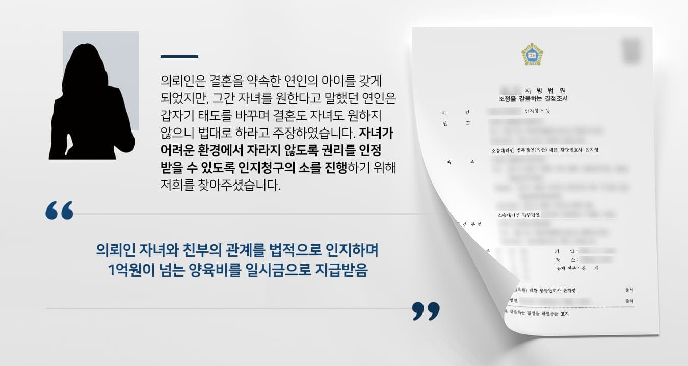 본 사건의 의뢰인은 연인과 결혼을 약속 후 교재 중 임신을 하였습니다. 빨리 결혼을 하고 아이를 낳고 싶다고 하는 연인을 믿었던 의뢰인은 처음 임신을 알게 되었을 때 기뻐하며 연인에게 그 사실을 알렸습니다.그러나 연인은 태도를 바꿔 그간 해온 말과는 반대로 자신은 결혼을 할 생각이 없다며 아이를 낳지 말자는 이야기를 하였습니다. 하지만 생명을 포기할 수 없었던 의뢰인은 아이를 출산하였습니다.자녀의 친부는 '법대로 하라'라고 하며 결혼도 할 수 없고 양육비도 줄 수 없다고 주장하며 아기를 입양 보내지 않으면 한 푼도 줄 수 없다는 태도로 일관하였습니다.어린 자녀를 위해 아이의 권리를 찾아주기로 결심한 의뢰인은 가사전문변호사가 있는 법무법인 대륜을 찾아주셨습니다.