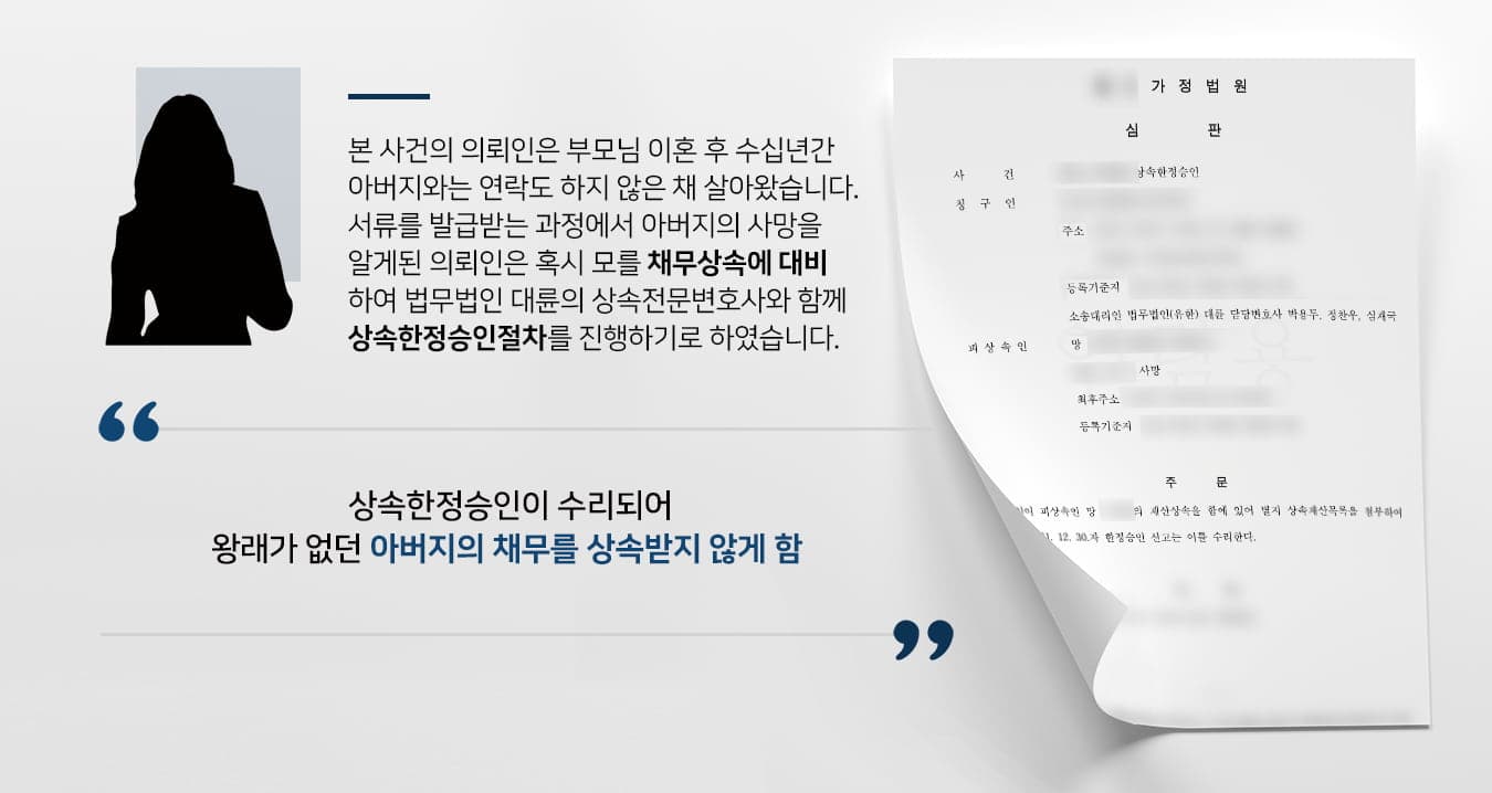 본 사건의 의뢰인은 어린 시절 부모님이 이혼하신 후 어머니와 함께 살면서 단 한 번도 아버지와 왕래한 적이 없었습니다.의뢰인의 아버지는 의뢰인을 찾지 않았고, 의뢰인도 아버지를 궁금해하지 않으며 남처럼 살아왔습니다. 그러던 어느 날 발급받은 가족관계증명서의 '부'란에 사망으로 기재되어 있어서 뒤늦게 아버지의 사망을 알게 되었습니다.왕래가 없는 가족이라도 법적인 가족관계가 있다면 재산상속이 된다는 사실을 알고 있었던 의뢰인께서는 '적극재산이든 소극재산이든 다 필요 없으니 아버지의 재산으로 인해 피해를 받지 않게 해달라'라고 대륜의 상속전문변호사에게 요청해 주셨습니다.