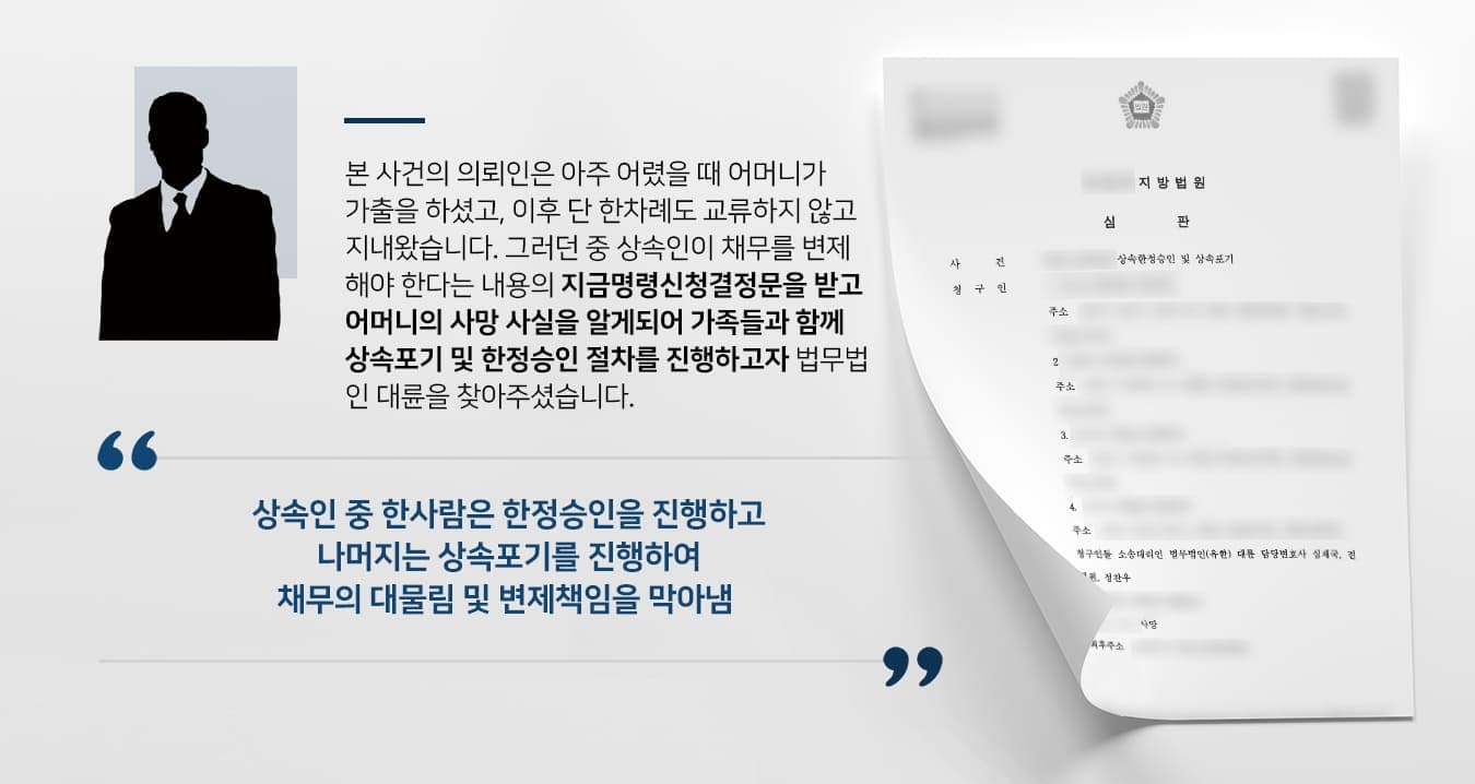 본 사건 의뢰인들의 어머니는 오래전 가출을 하였고, 가출 이후 자녀들과 단 한차례도 교류를 하지 않았습니다.어머니와 연락조차 닿지 않고 남처럼 지내오던 중, 의뢰인은 어머니의 채무자들로부터 소장을 받게 되었습니다. 소장에는 의뢰인들의 어머니의 채무 내역 및 사망 이후 상속인인 자녀들이 변제해야 한다는 내용이 담겨있었습니다.갑작스럽게 남처럼 지내오던 어머니가 남긴 거액의 빚을 떠안게 될 위기에 놓인 의뢰인들은 다급히 상속전문변호사가 있는 법무법인 대륜을 찾아주셨습니다.