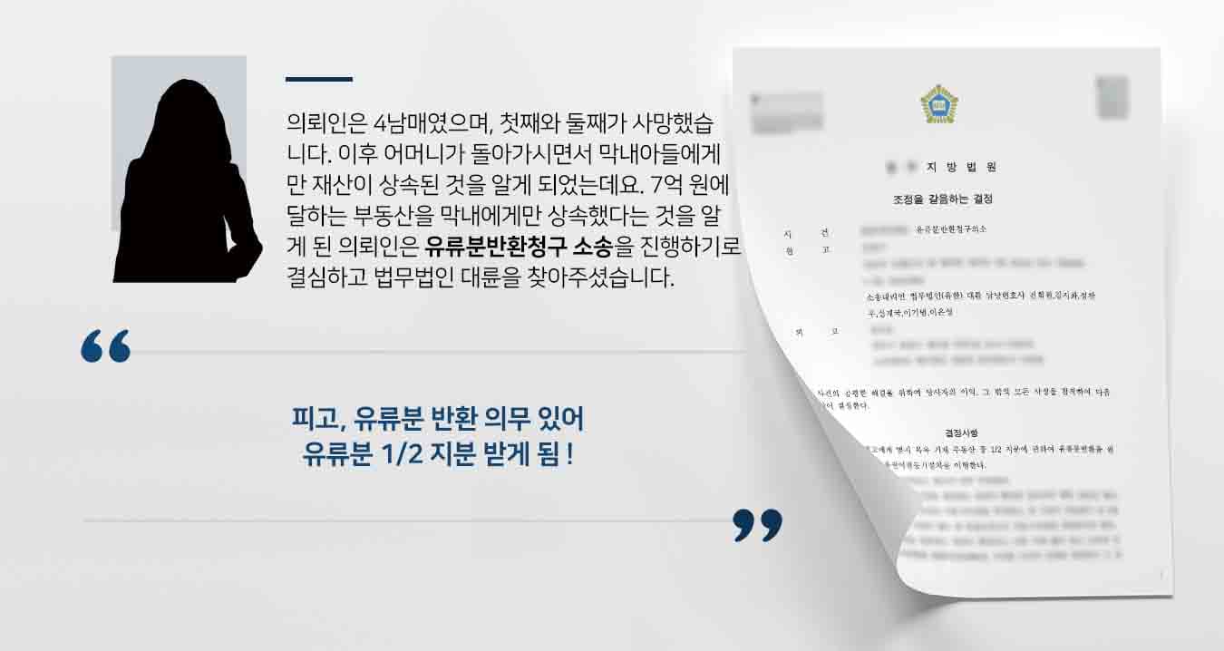 의뢰인은 4남매였으며, 첫째와 둘째가 사망했습니다. 이후 어머니가 돌아가시면서 막내아들에게만 재산이 상속된 것을 알게 되었는데요. 7억 원에 달하는 부동산을 막내에게만 상속했다는 것을 알게 된 의뢰인은 유류분반환청구 소송을 진행하기로 결심하고 법무법인 대륜을 찾아주셨습니다. 