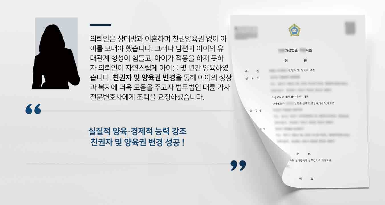 의뢰인은 상대방과 이혼하며 친권양육권 없이 아이를 보내야 했습니다. 그러나 남편과 아이의 유대관계 형성이 힘들고, 아이가 적응을 하지 못하자 의뢰인이 자연스럽게 아이를 몇 년간 양육하였습니다. 친권자 및 양육권 변경을 통해 아이의 성장과 복지에 더욱 도움을 주고자 법무법인 대륜 가사전문변호사에게 조력을 요청하셨습니다.