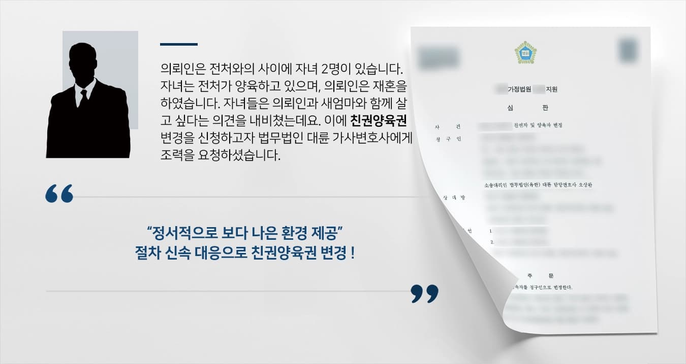 의뢰인은 전처와의 사이에 자녀 2명이 있습니다. 자녀는 전처가 양육하고 있으며, 의뢰인은 재혼을 하였습니다. 자녀들은 의뢰인과 새엄마와 함께 살고 싶다는 의견을 내비쳤는데요. 이에 친권양육권 변경을 신청하고자 법무법인 대륜 가사변호사에게 조력을 요청하셨습니다.