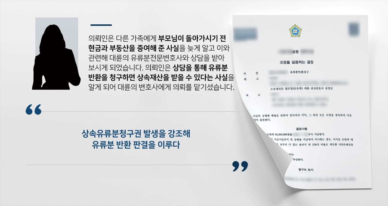 [유류분전문변호사 조력사례] 상속유류분을 청구한 의뢰인, 대륜의 조력으로 무사히 반환받다